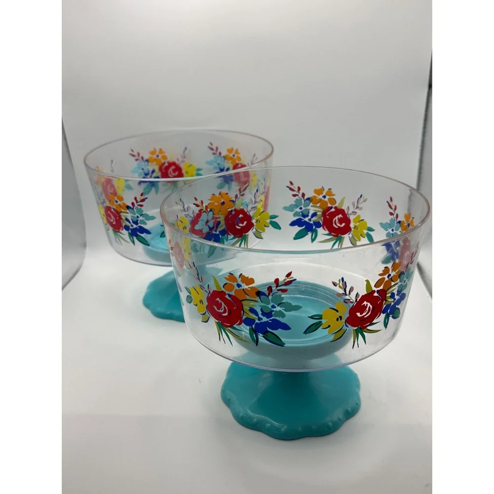 Pioneer Woman Birthday Floral Footed Snack Bowls Set of 2 Turquoise Melamine